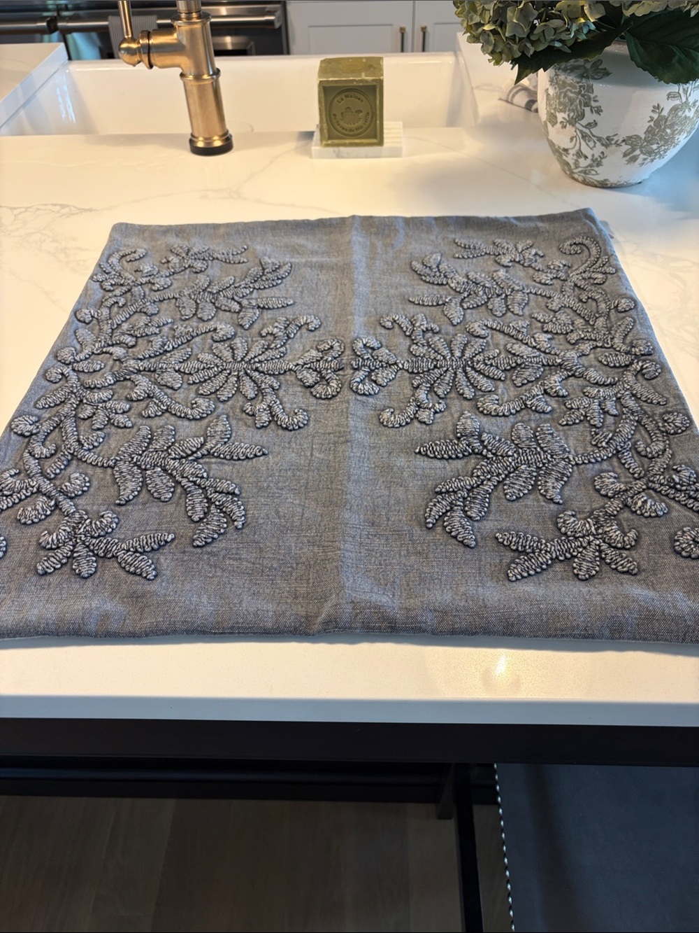 Pottery Barn Indigo Embroidered Accent Pillow Cover - Luxe Textured Design.